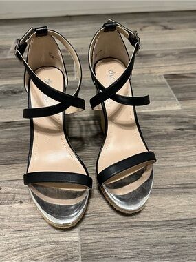Clarks Black Strappy Ankle Strap Heels with Silver Toe